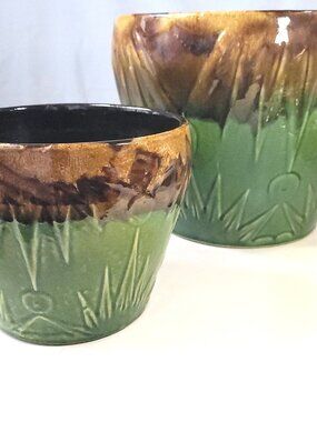 Robinson Ransbottom Sun Moon Planters – Vintage Ohio Art Pottery Jardinière Set